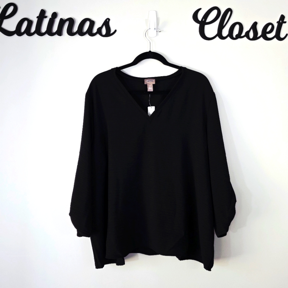 NEW Chico's Textured Wide Crossover V-neck Roll Tab Sleeve Black Blouse Size XXL
